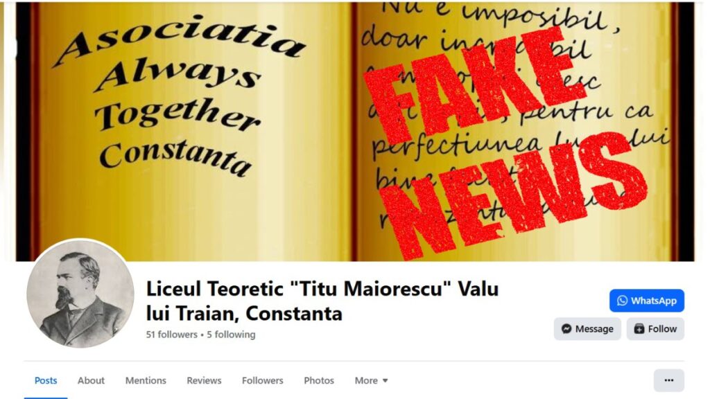 Pagină falsă care sugerează existența unui liceu în Valu lui Traian. FOTO Facebook